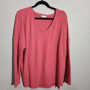 Time and Tru Sweater Womens Large Ribbed Knit Pullover V Neck Long Sleeve Relaxe